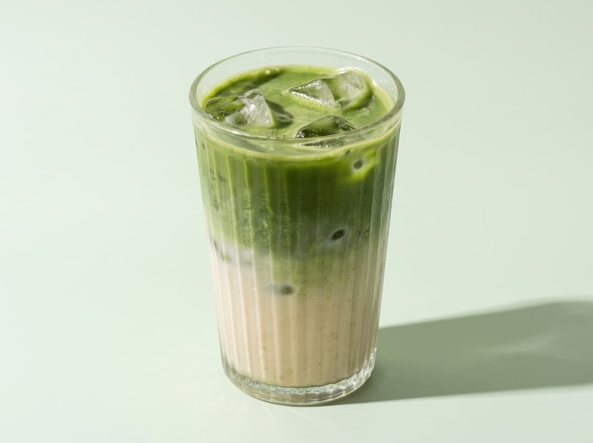 Oluklu cam bardakta buzlu matcha latte