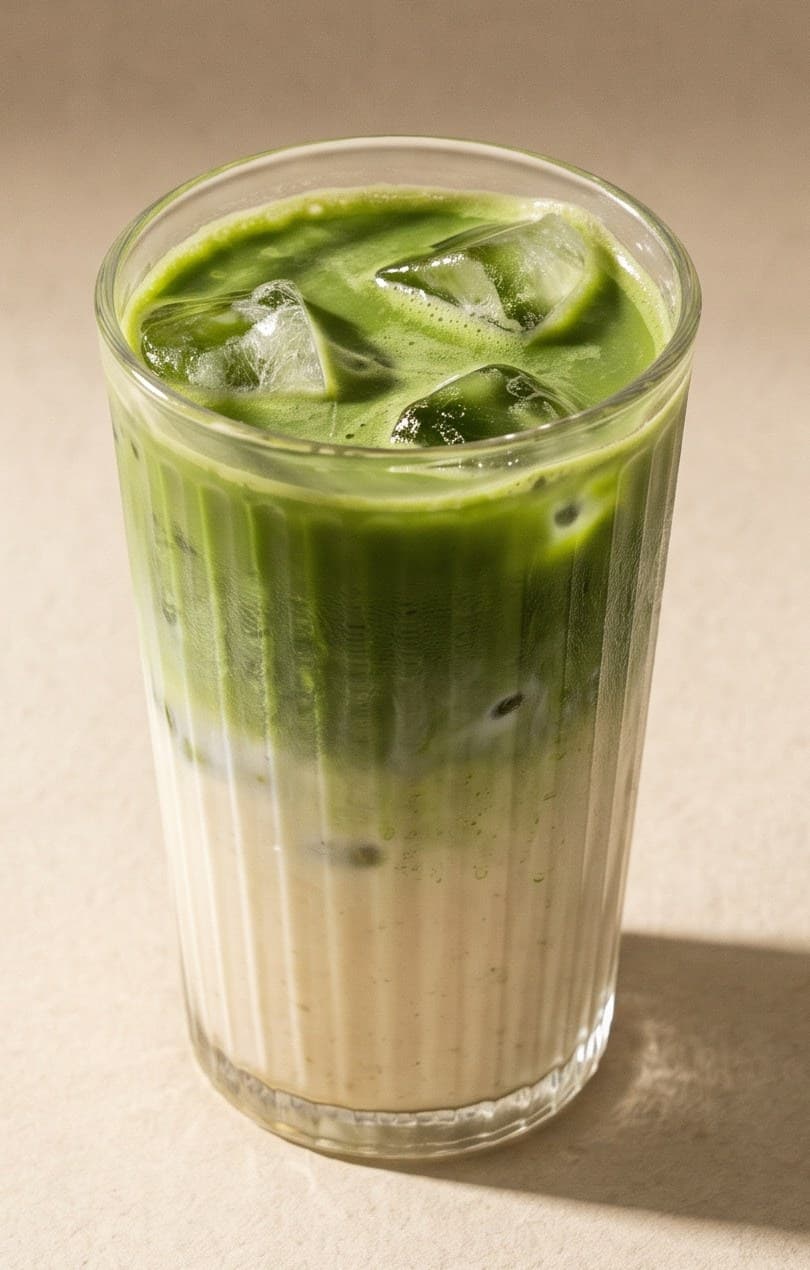 Oluklu bardakta buzlu matcha latte