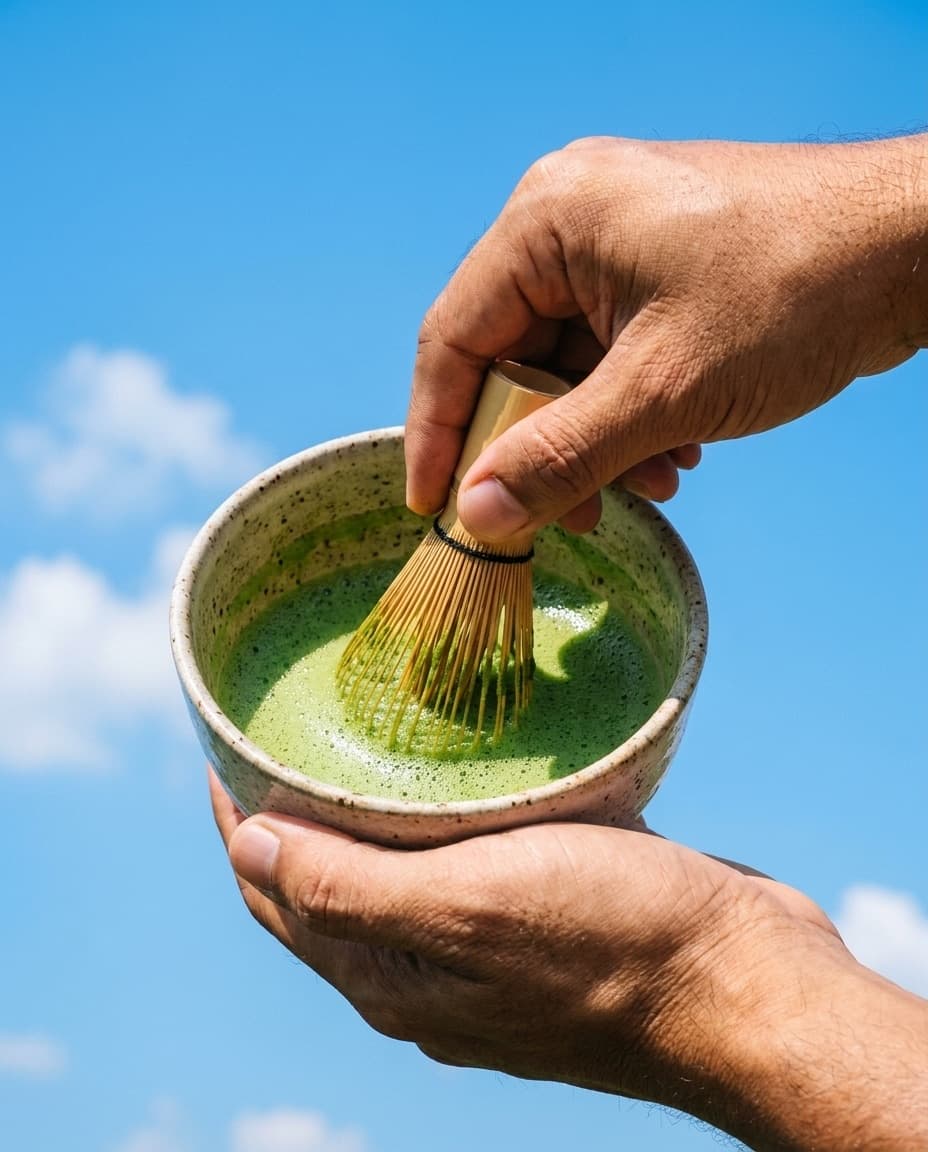Açık havada seramik kasede bambu çırpıcıyla matcha çırpan eller