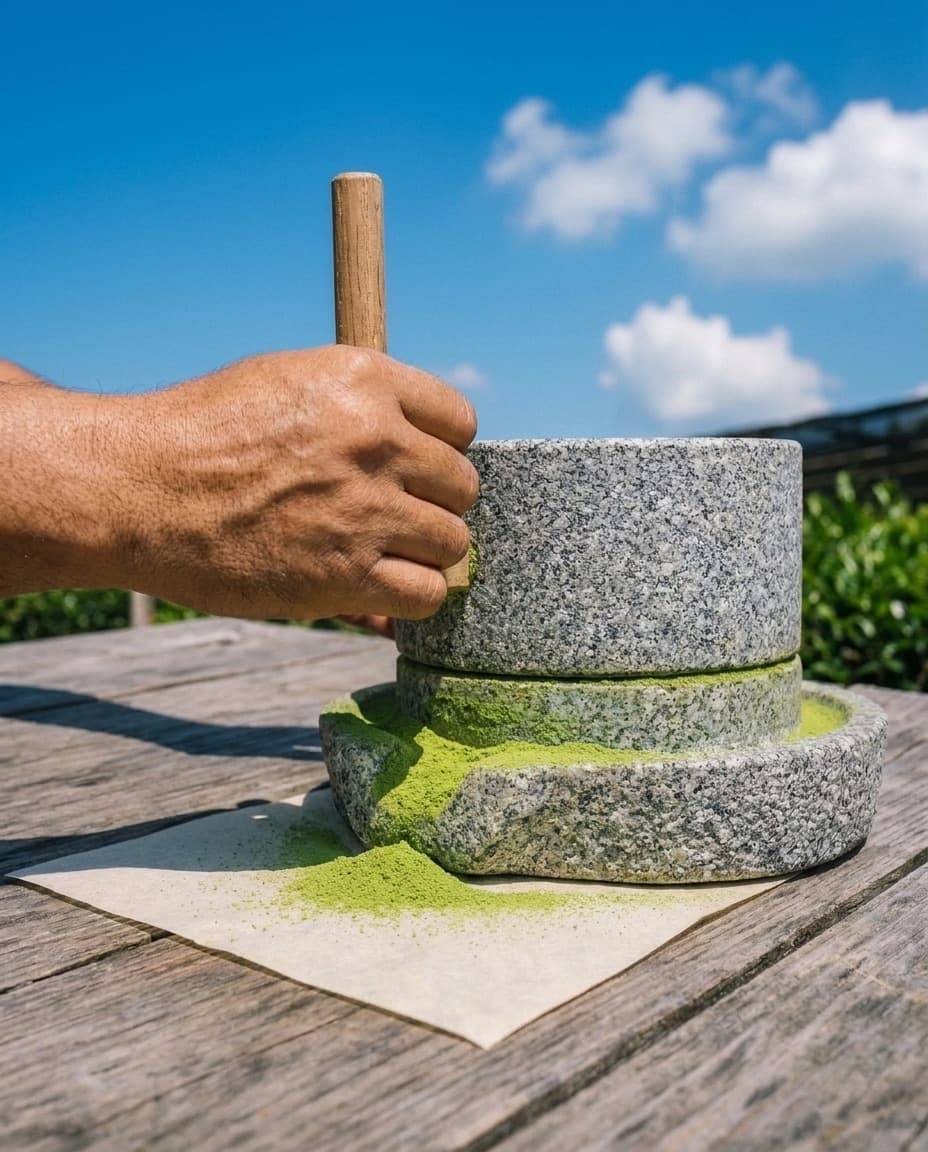 Güneş ışığında granit taş değirmenin kolunu çeviren el ve kenarından dökülen yeşil toz